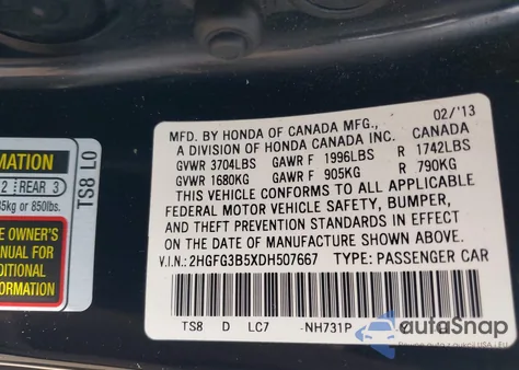 2013 Honda Civic Lx from USA, damaged, VIN 2HGFG3B5XDH507667